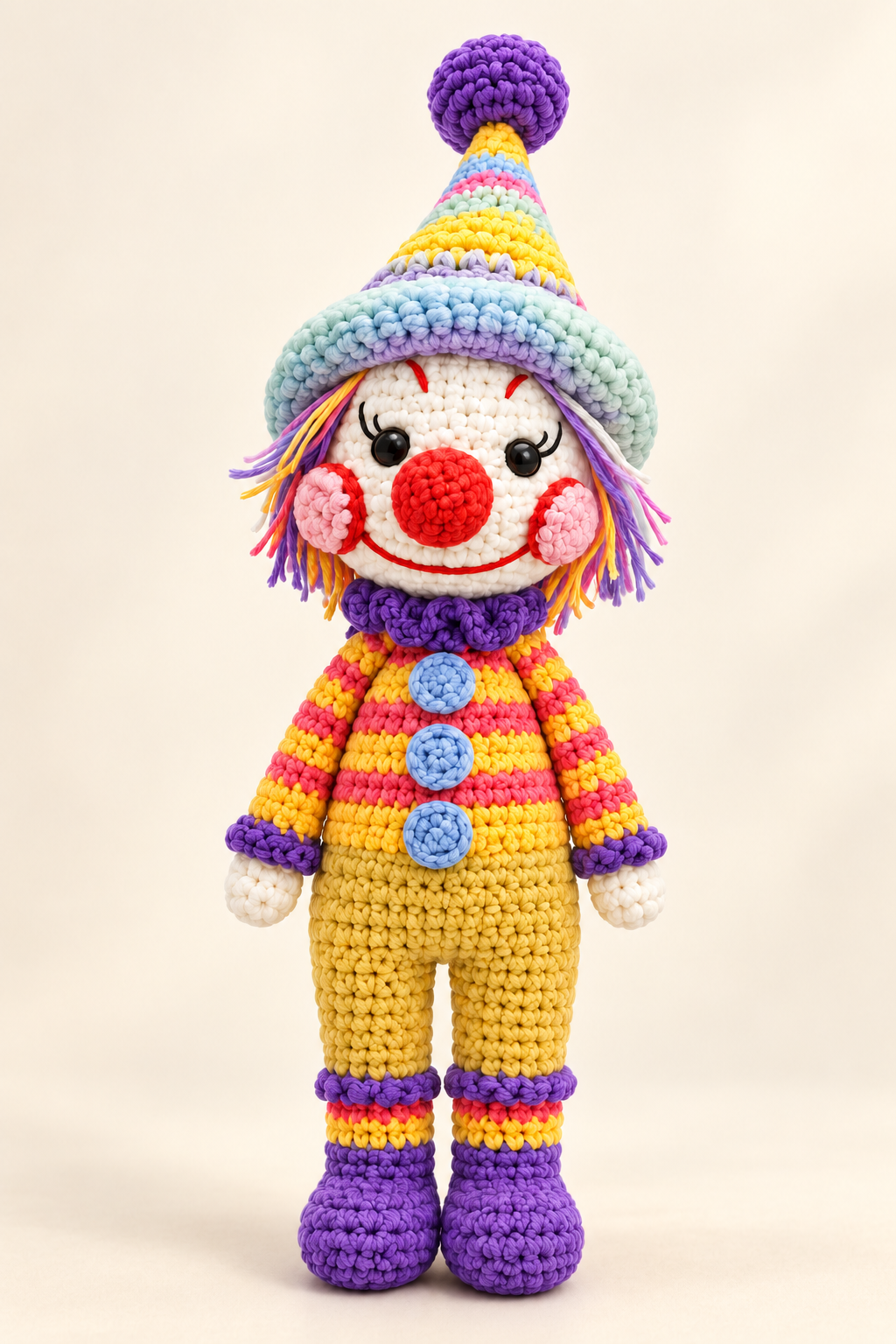 Handmade crochet joker doll in a colorful striped outfit on a cream background