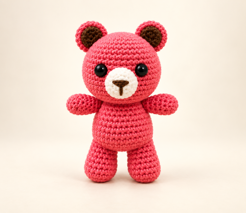 Pink handmade crochet bear with a cream muzzle on a cream background