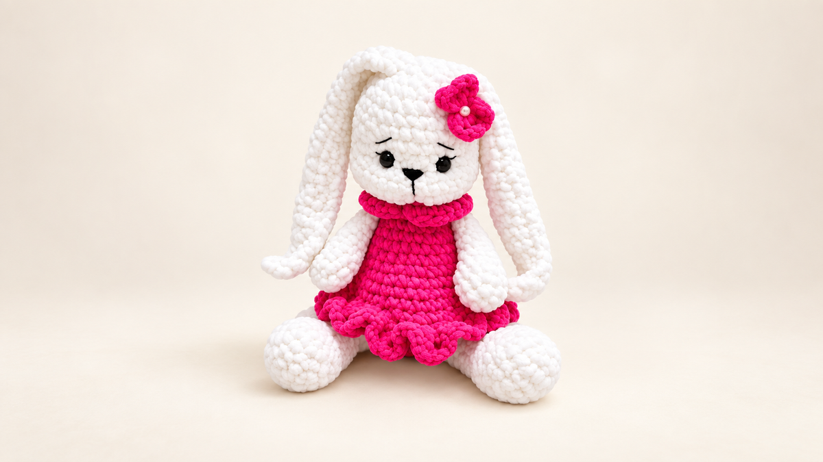 White handmade crochet bunny wearing a bright pink dress on a cream background