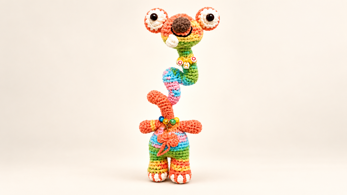Colorful handmade crochet SID doll on a cream background