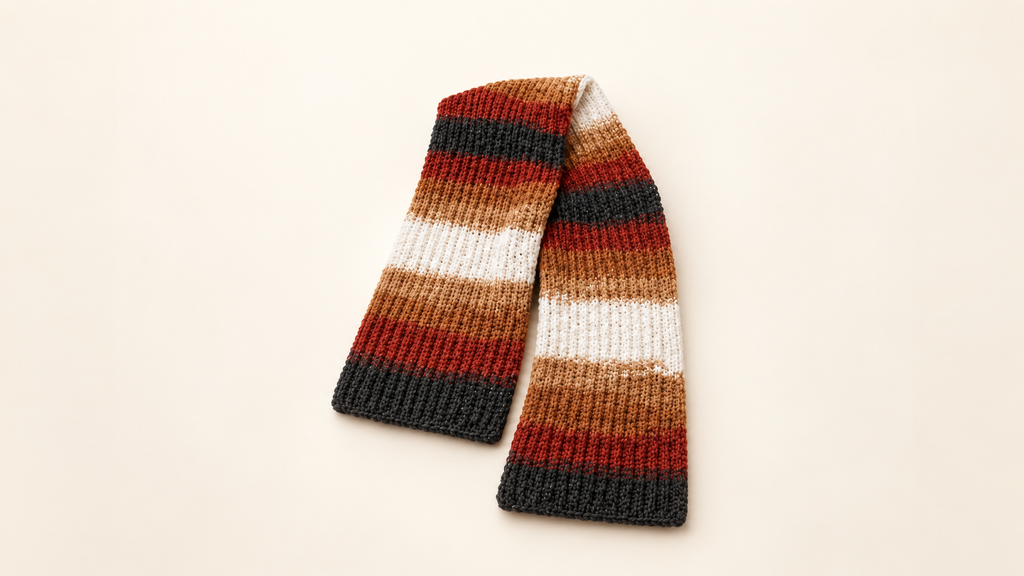 Handmade striped crochet scarf displayed on a cream background